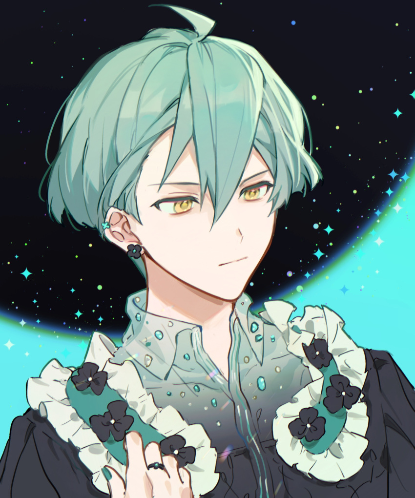 1boy, absurdres, ahoge, alternate_costume, aqua_hair, aqua_nails, aqua_skirt, bishounen