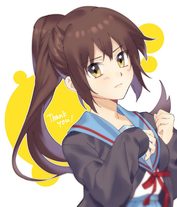 1girl, bangs, blue_sailor_collar, blue_skirt, brown_cardigan, brown_eyes, brown_hair, cardigan, closed_mouth, commentary_request, commission, genderswap, genderswap_(mtf), ikesawa_99, kita_high_school_uniform, kyonko, long_hair, long_sleeves, looking_at_viewer, open_cardigan, open_clothes, ponytail, red_ribbon, ribbon, sailor_collar, school_uniform, serafuku, skeb_commission, skirt, solo, suzumiya_haruhi_no_yuuutsu, thank_you, upper_body