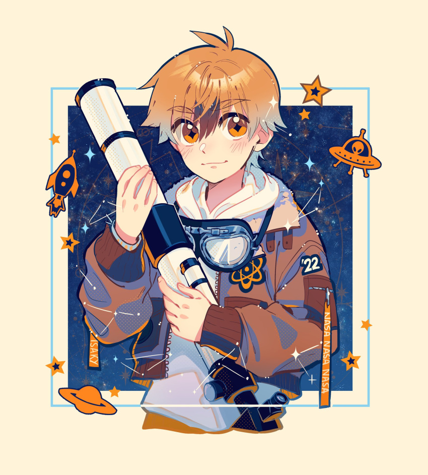 +_+, 1boy, ahoge, constellation, goggles, hair_between_eyes, highres, holding_telescope
