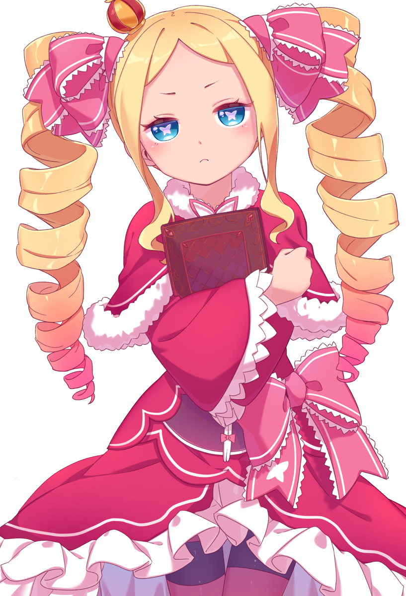 1girl, beatrice_(re:zero), blonde_hair, blue_eyes, book, dress, drill_hair, expressionless, hair_ornament, hair_ribbon, highres, looking_at_viewer, re:zero_kara_hajimeru_isekai_seikatsu, red_dress, ribbon, sidelocks, simple_background, solo, striped, striped_legwear, symbol-shaped_pupils, tetolapis, twin_drills, twintails, white_background