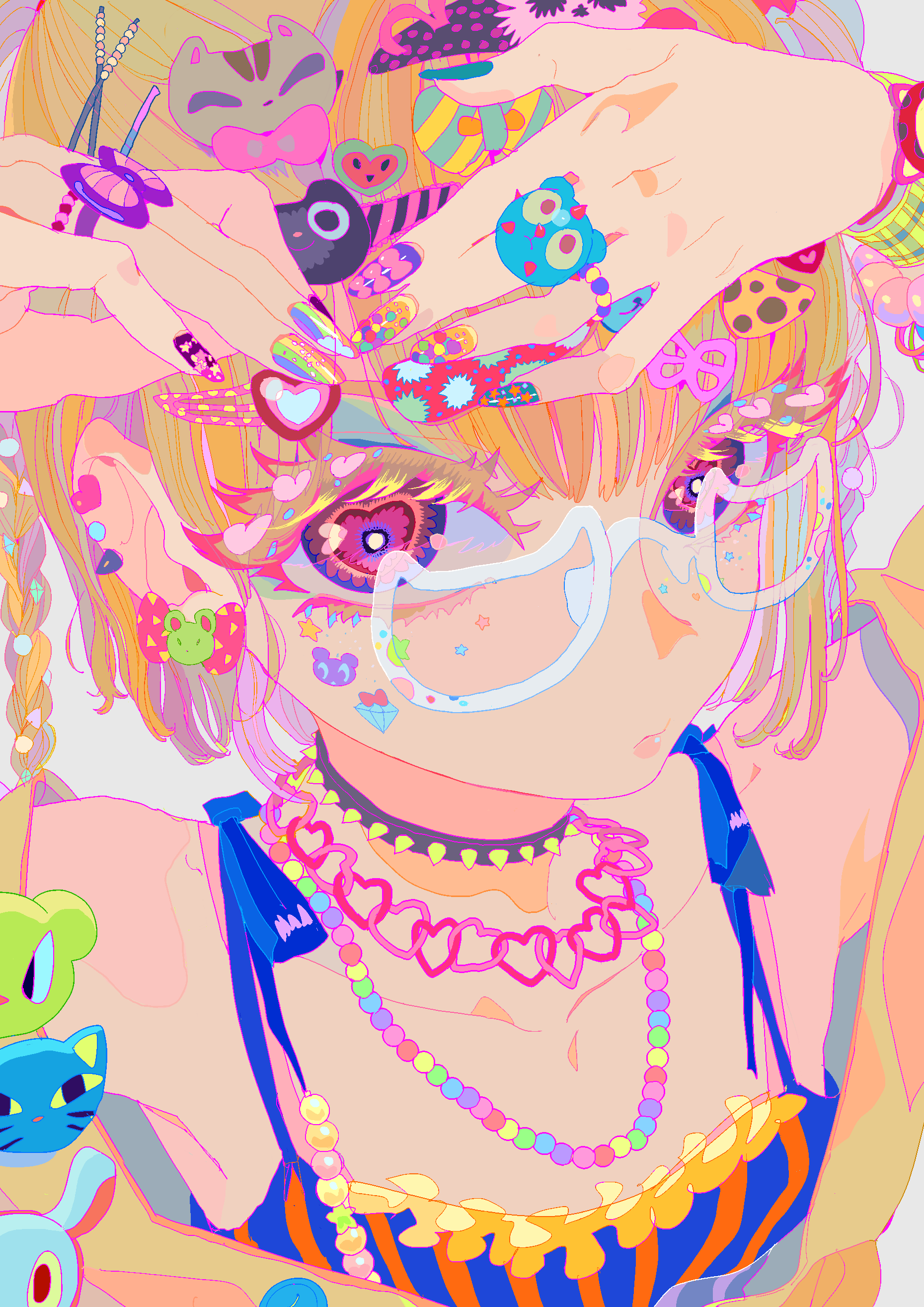 1girl, absurdres, adjusting_hair, bead_necklace, beads, blonde_hair, bracelet, braid