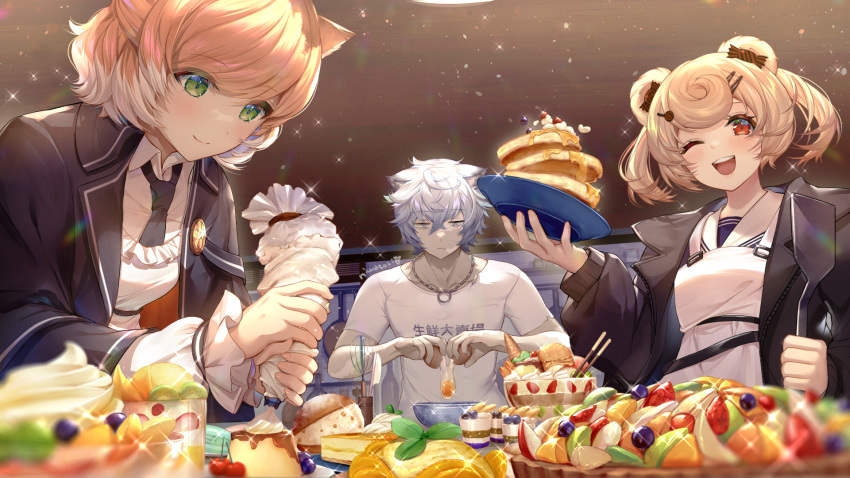 1boy, 2girls, ;d, animal_ears, apron, arknights, artist_name, bag, bangs, bear_boy, bear_ears, bear_girl, black_jacket, black_necktie, blush, bowl, breasts, brown_hair, candy_hair_ornament, clothes_writing, collarbone, cracking_egg, crossed_bangs, egg, food, food-themed_hair_ornament, fruit_tart, green_eyes, grey_hair, gummy_(arknights), hair_between_eyes, hair_ornament, hairclip, highres, holding, holding_bag, holding_egg, holding_plate, holding_spatula, indoors, jacket, jaye_(arknights), jewelry, kiwi_slice, lapel_pin, long_sleeves, looking_at_viewer, mint, mousse_(arknights), multicolored_hair, multiple_girls, necklace, necktie, niwatori_(satoru0201), one_eye_closed, open_clothes, open_jacket, open_mouth, orange_hair, pancake, pancake_stack, pastry_bag, plate, pocky, pudding, red_eyes, shirt, short_hair, short_sleeves, small_breasts, smile, sparkle, spatula, t-shirt, tart_(food), teeth, twintails, upper_teeth, whipped_cream, whisk, white_apron, white_hair, white_shirt
