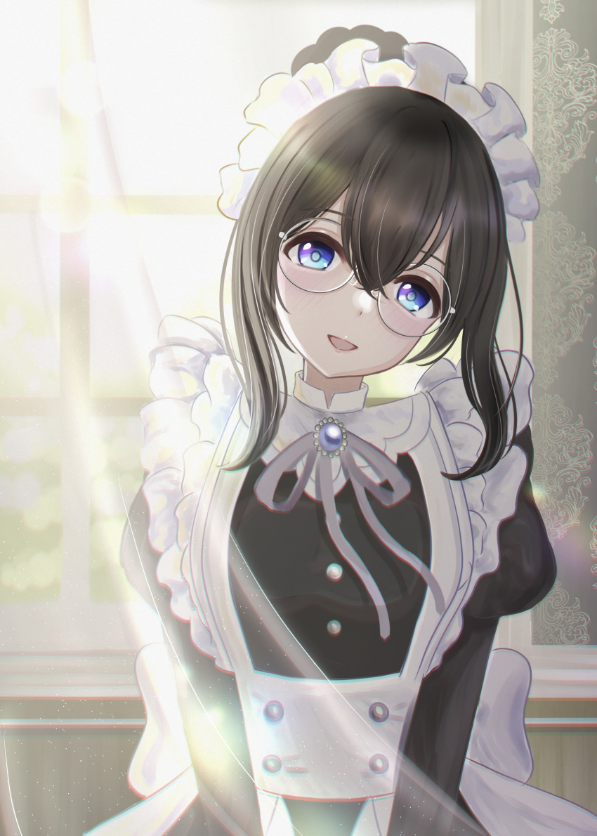 1girl, :d, absurdres, alternate_costume, apron, bespectacled, black_dress, black_hair