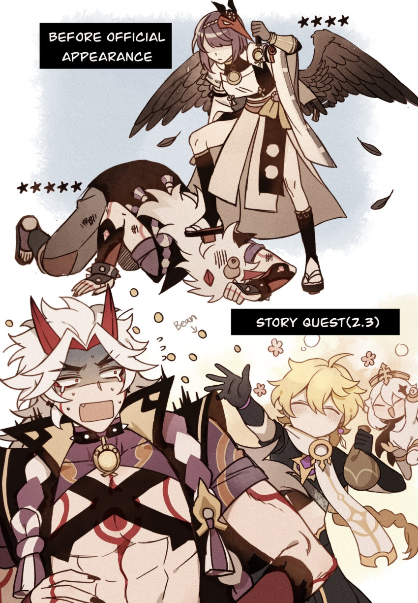 2boys, 2girls, aether_(genshin_impact), arataki_itto, black_gloves, black_wings, blush, bodypaint