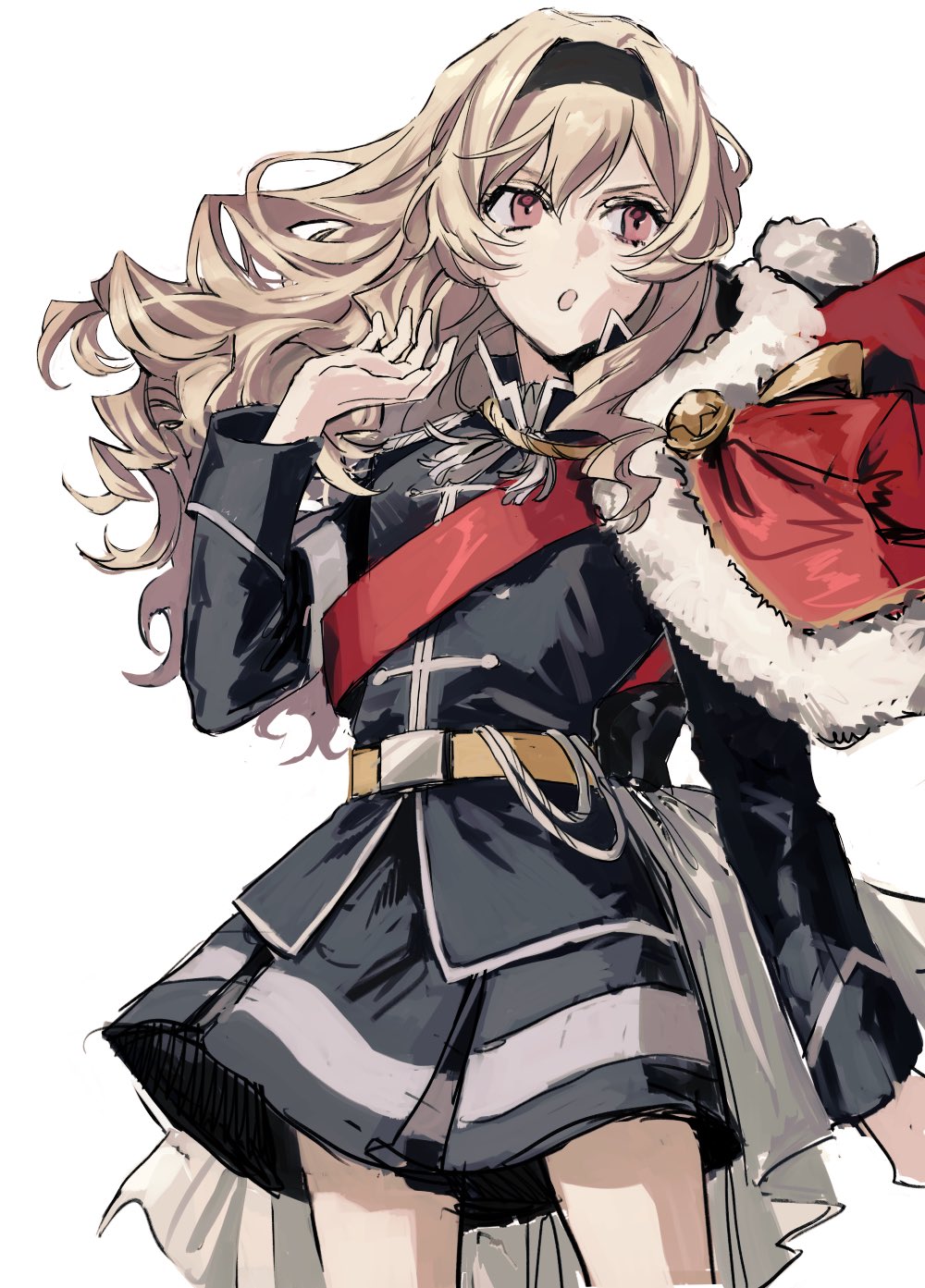 1girl, :o, arm_at_side, bangs, belt, belt_buckle, black_hairband, black_jacket
