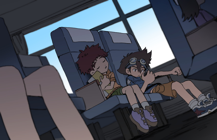 1other, 2boys, absurdres, blue_shirt, brown_hair, brown_shorts, child, closed_mouth