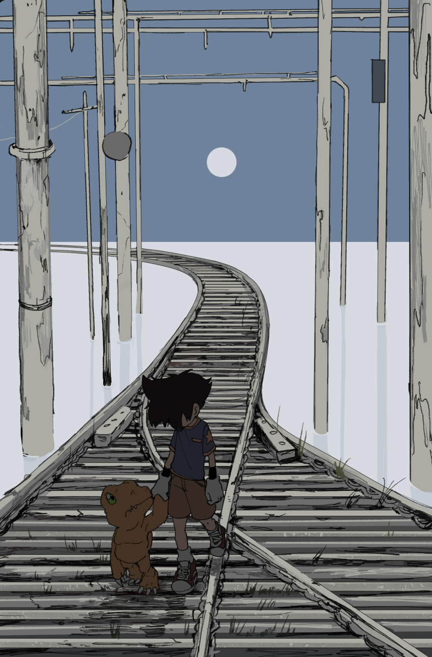 1boy, absurdres, agumon, black_headwear, blue_shirt, brown_shorts, colored_skin, digimon, digimon_(creature), digimon_adventure, gloves, grey_background, grey_footwear, grey_gloves, highres, holding_hands, looking_at_another, looking_down, male_focus, moon, orange_skin, railroad_tracks, red_footwear, shirt, shoes, short_sleeves, shorts, tantanmen, utility_pole, walking, yagami_taichi