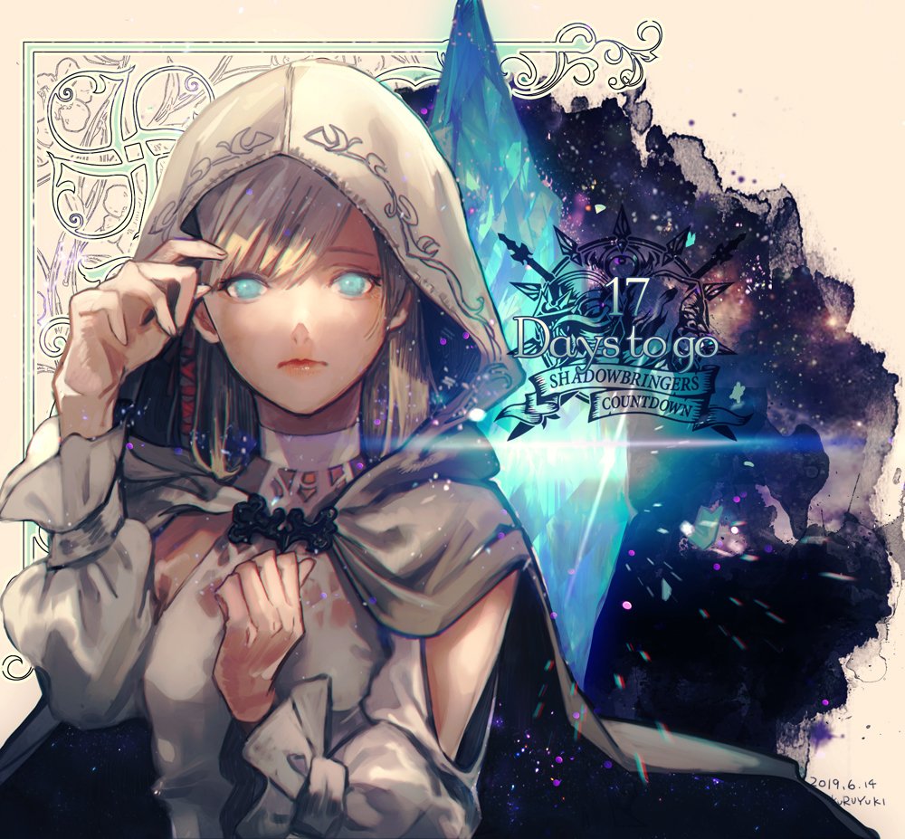 1girl, ailout2, bangs, blonde_hair, blue_eyes, brooch, brown_cloak, cloak, clothing_cutout, commentary, countdown, crystal, dated, english_text, expressionless, final_fantasy, final_fantasy_xiv, hair_ribbon, hand_on_own_chest, hands_up, hood, hood_up, hooded_cloak, hyur, jewelry, light_particles, long_sleeves, looking_at_viewer, medium_hair, puffy_long_sleeves, puffy_sleeves, ribbon, ryne, shoulder_cutout, signature, solo, swept_bangs, upper_body