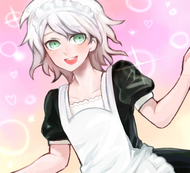 1boy, :d, alternate_costume, apron, bangs, black_dress, blush, brown_background