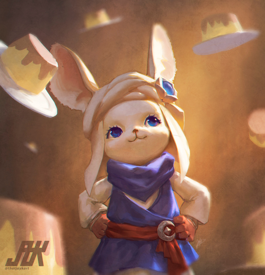 1other, :3, androgynous, animal_ears, artist_name, blue_dress, blue_eyes, blue_scarf, blurry, brown_background, brown_gloves, brown_headwear, brown_shirt, commentary, cowboy_shot, depth_of_field, dress, english_commentary, final_fantasy, final_fantasy_xiv, food, furry, gloves, hands_on_hips, highres, long_sleeves, looking_up, loporrit, plate, pudding, puddingway, rabbit_ears, sash, scarf, shirt, signature, smile, solo, standing, thatjaykart, turban, twitter_username