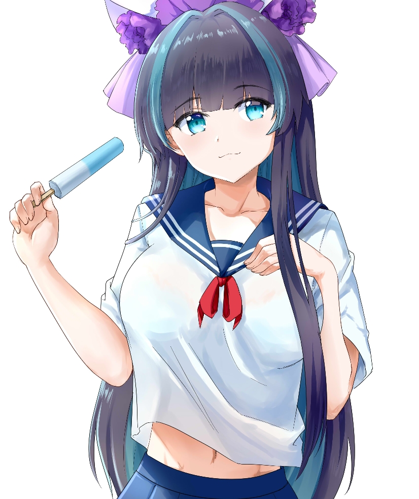 1girl, :3, akusamu, animal_ears, arms_up, azur_lane, blue_eyes, breasts, cheshire_(azur_lane), crop_top, fake_animal_ears, food, grey_hair, hair_ribbon, hand_on_own_chest, holding, large_breasts, long_hair, multicolored_hair, popsicle, ribbon, school_uniform, serafuku, shirt_overhang, streaked_hair, two-tone_hair, upper_body, white_background