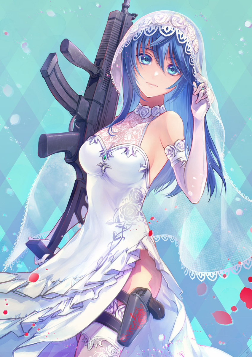 1girl, blue_eyes, blue_hair, breasts, bride, closed_mouth, del_depths, dress, elbow_gloves, gloves, gun, highres, long_hair, looking_at_viewer, maria_traydor, smile, solo, star_ocean, star_ocean_anamnesis, star_ocean_till_the_end_of_time, weapon, wedding_dress