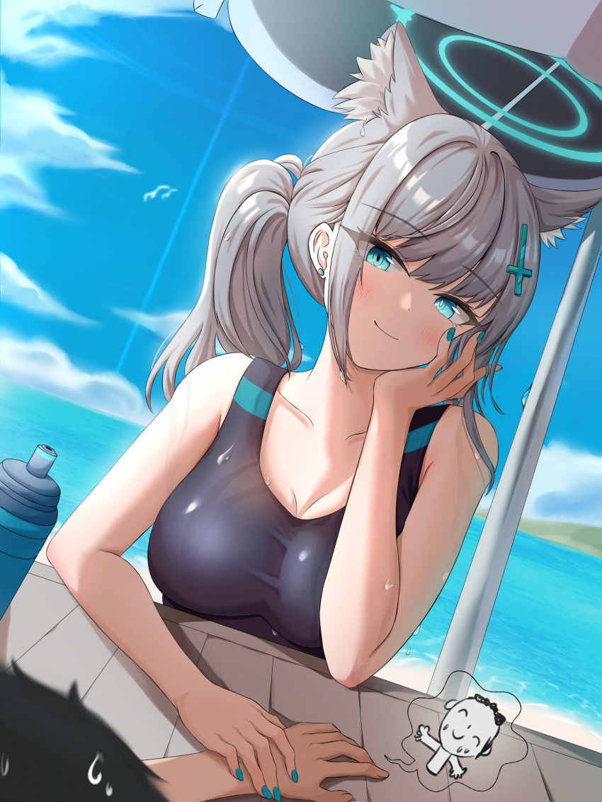 1girl, absurdres, animal_ears, arm_up, beach, blue_archive, blue_eyes, blue_swimsuit