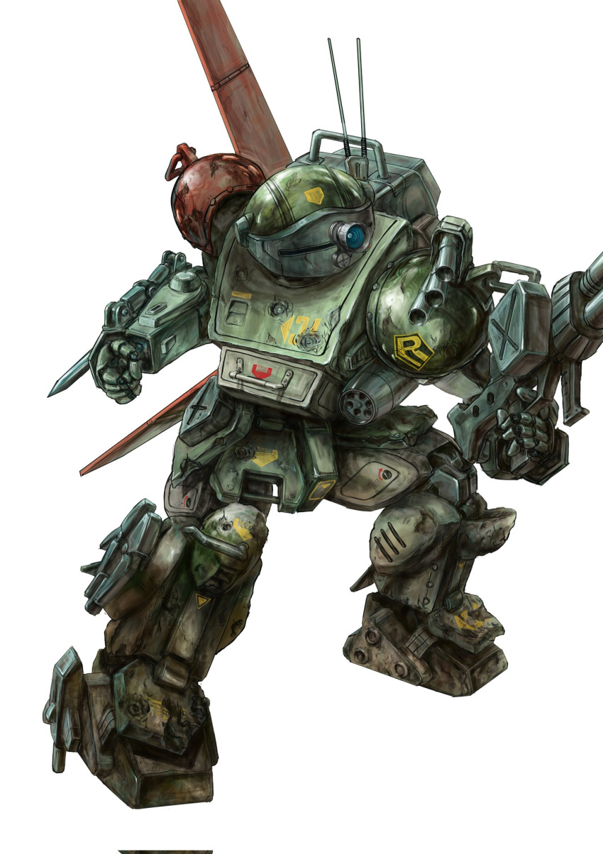 clenched_hand, gun, highres, holding, holding_gun, holding_weapon, looking_to_the_side, mecha