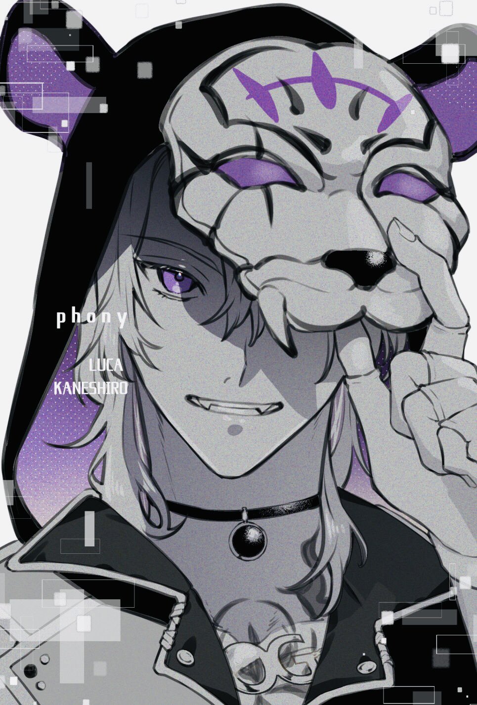 1boy, character_name, choker, collarbone, english_commentary, highres, hood, hood_up