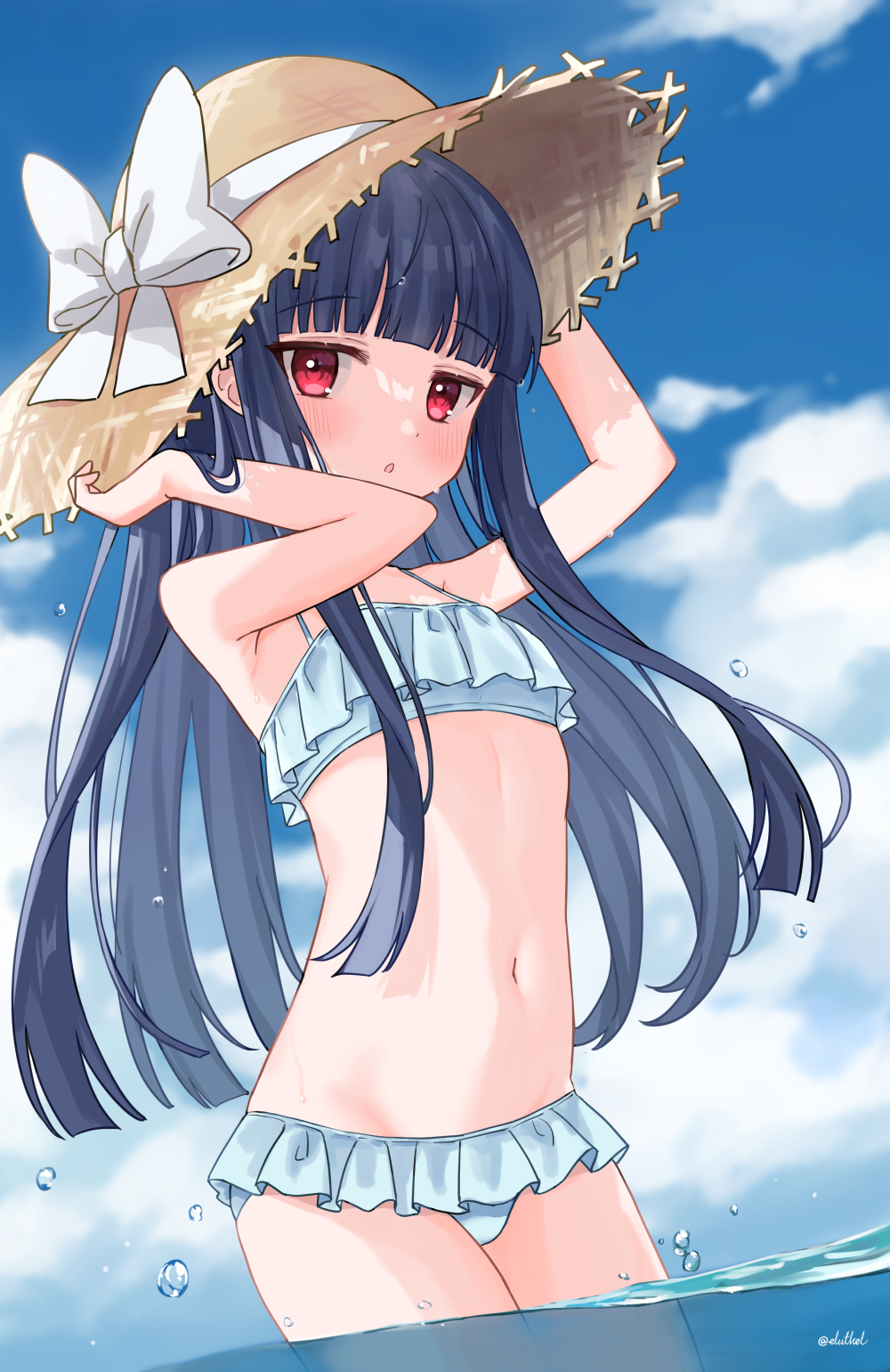 1girl, bangs, bikini, blue_bikini, blue_hair, blue_sky, blush, bow, chestnut_mouth, child, clouds, commentary, day, dot_nose, eluthel, flat_chest, frilled_bikini, frills, hands_on_headwear, hands_up, hat, highres, idolmaster, idolmaster_cinderella_girls, long_hair, looking_at_viewer, navel, outdoors, partially_submerged, red_eyes, sajo_yukimi, sky, solo, stomach, straw_hat, swimsuit, thighs, water, water_drop, wet, white_bow