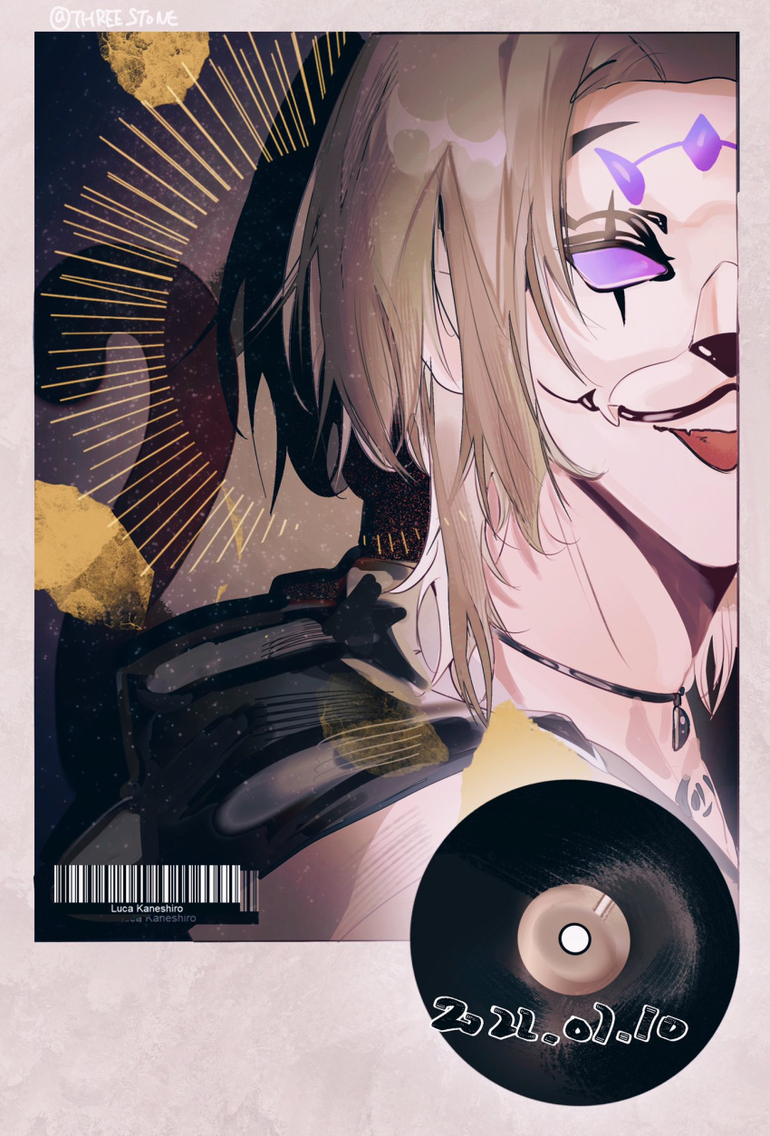 1boy, black_choker, black_jacket, blonde_hair, chinese_commentary, choker, dated, grey_shirt, highres, jacket, jacket_on_shoulders, luca_kaneshiro, male_focus, mask, nijisanji, nijisanji_en, phony_(cevio), polaroid, shirt, solo, three_stone, tongue, tongue_out, virtual_youtuber