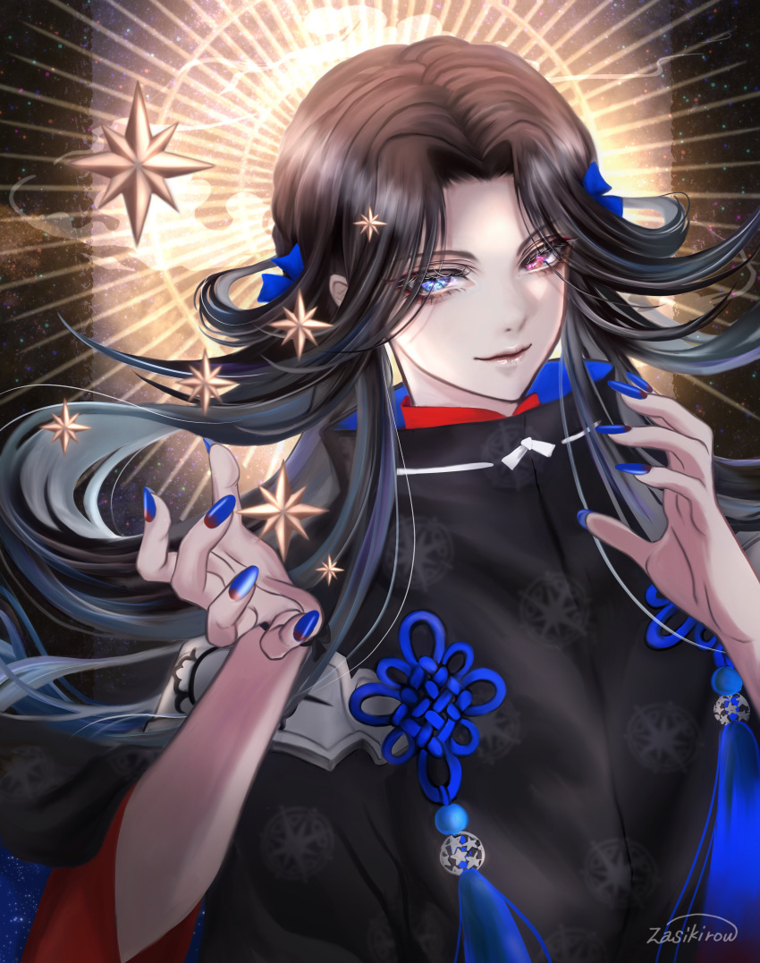 1boy, absurdres, black_background, blue_eyes, brown_hair, closed_mouth, heterochromia, highres