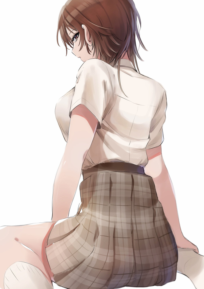 1girl, aketa_mikoto, breasts, brown_hair, dark_skin, from_behind, highres, idolmaster, idolmaster_shiny_colors, looking_at_viewer, looking_back, medium_breasts, plaid, plaid_skirt, pleated_skirt, po_(moudameda17), school_uniform, shirt, shirt_tucked_in, short_sleeves, simple_background, sitting, skirt, socks, solo, wariza, white_background, white_shirt, white_socks