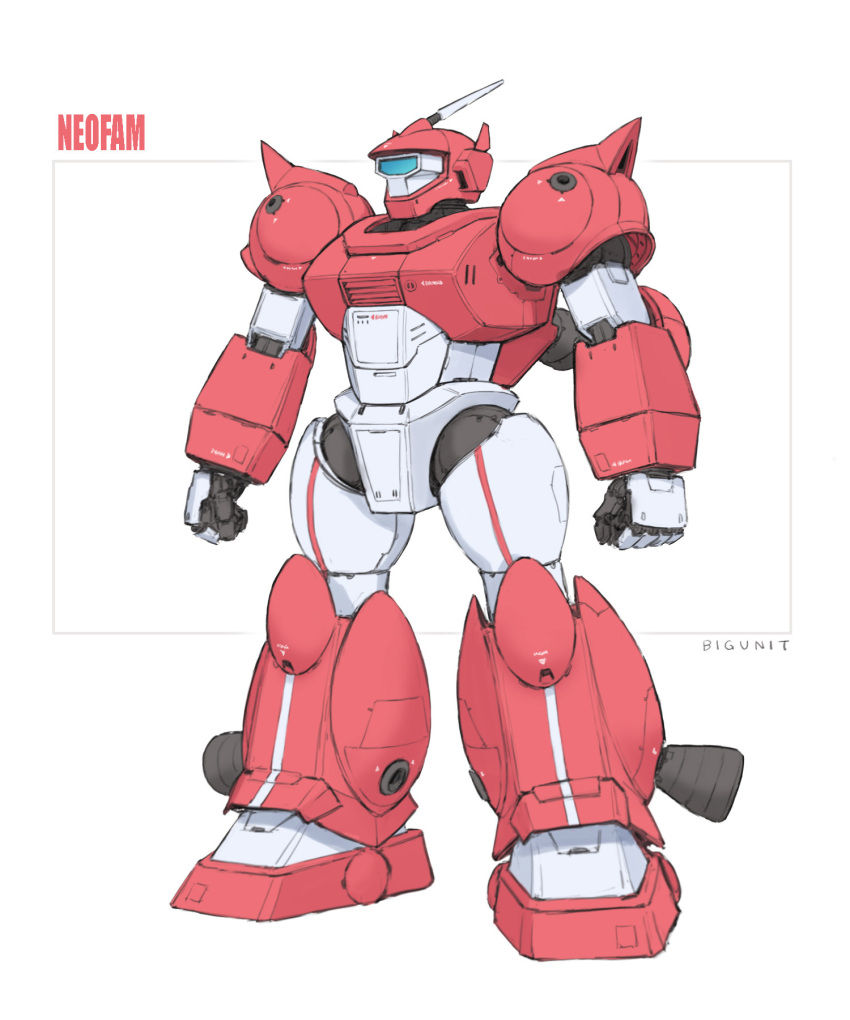 1980s_(style), bigunit, cable, character_name, ginga_hyouryuu_vifam, highres, machinery, mecha, neofam, no_humans, radio_antenna, retro_artstyle, robot, science_fiction, sensor, shoulder_spikes, signature, simple_background, sketch, solo, spikes, thrusters