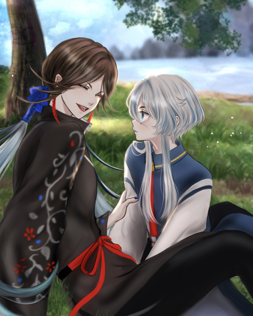 2boys, absurdres, blue_eyes, blue_hair, brown_hair, closed_eyes, colored_tips, facing_another