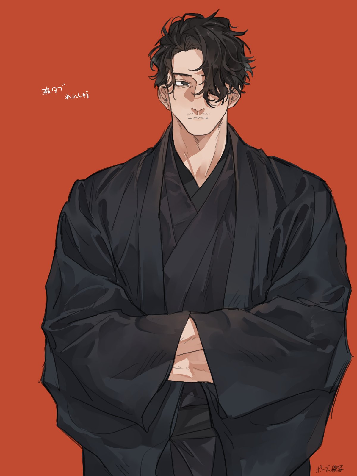 1boy, bbbb_fex, black_eyes, black_jacket, black_kimono, closed_mouth, crossed_arms, dazai_osamu_(ningen_shikkaku), hair_over_one_eye, highres, jacket, japanese_clothes, kimono, male_focus, ningen_shikkaku, red_background, short_hair, signature, standing, upper_body