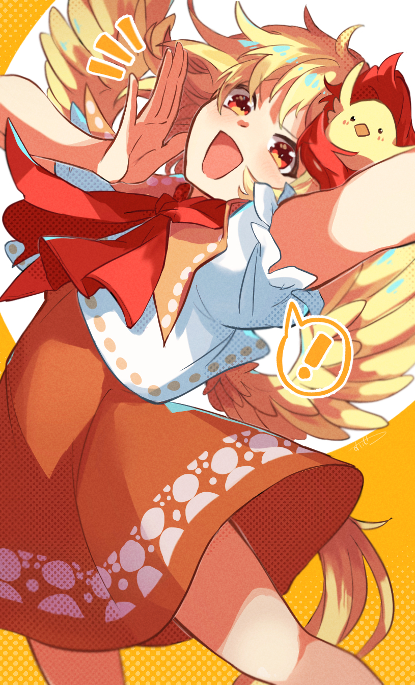 !, 1girl, animal, animal_on_head, bangs, bird, bird_on_head, bird_wings