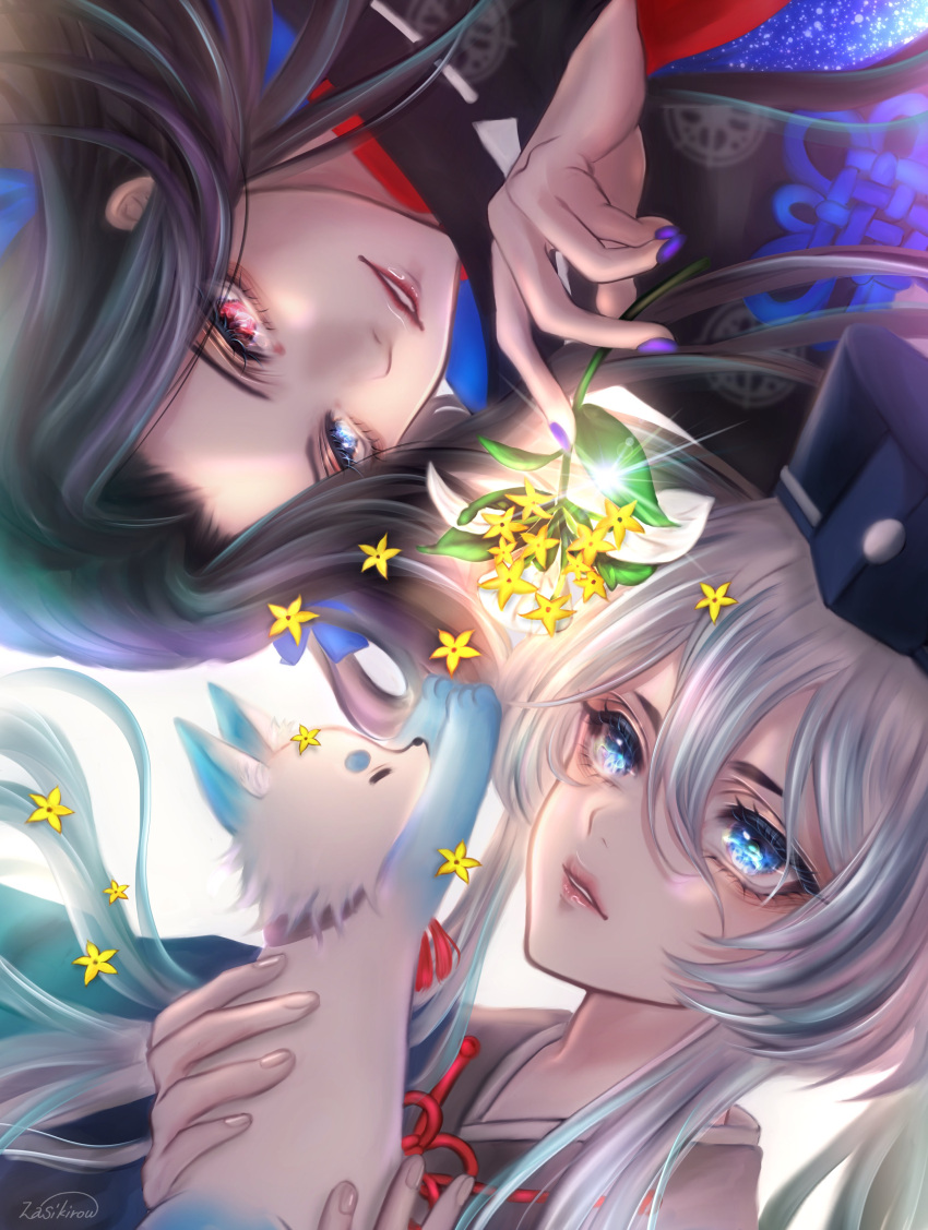2boys, absurdres, blue_eyes, blue_hair, brown_hair, colored_tips, flower, fox
