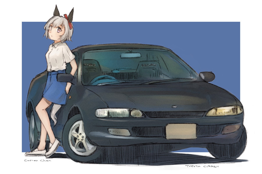 1girl, animal_ears, balladeluce, bangs, blue_skirt, bow, car, character_name