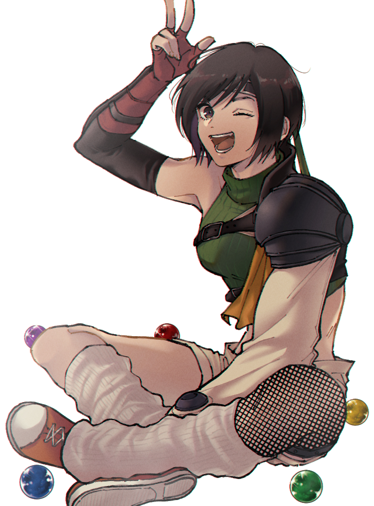 1girl, arm_guards, arm_up, asymmetrical_legwear, beckey9415, black_hair, breasts, brown_eyes