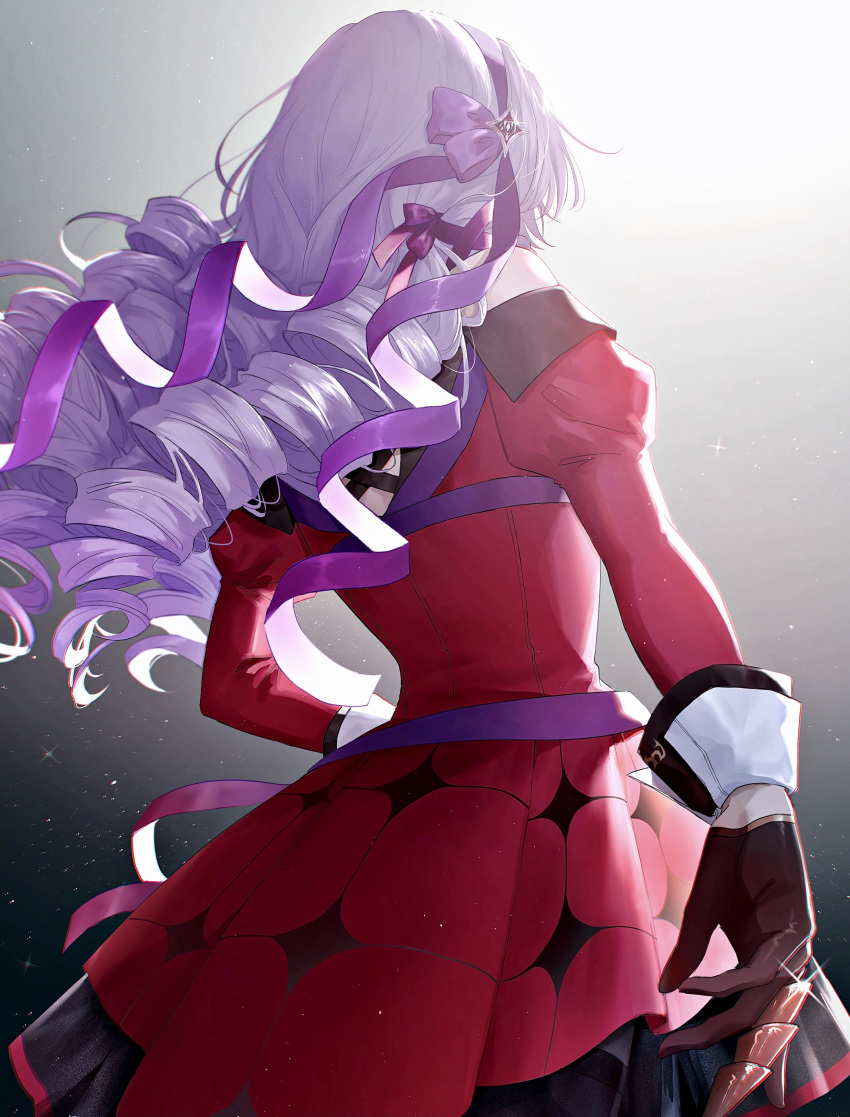 1girl, absurdres, back, bare_shoulders, black_gloves, claw_ring, dress, drill_hair, gloves, hairband, hama36, hand_on_hip, highres, hm_36xx, hyakumantenbara_salome, long_hair, nijisanji, puffy_sleeves, purple_hair, red_dress, solo, twin_drills, twintails, virtual_youtuber