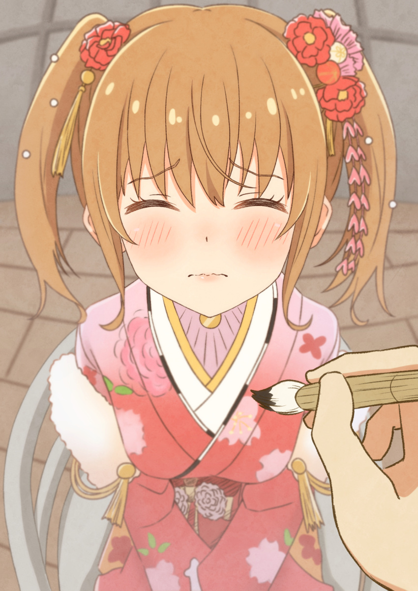 1girl, blurry, blush, brown_hair, depth_of_field, hair_ornament, highres, idoly_pride