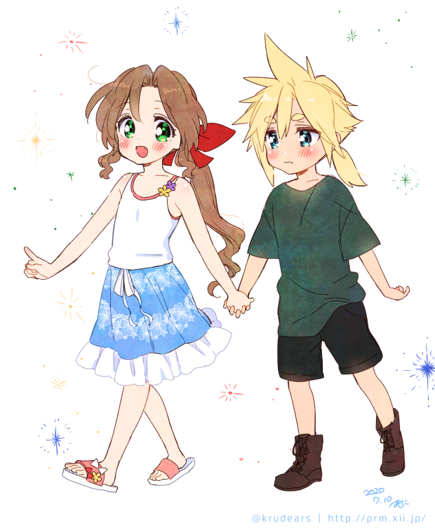 1boy, 1girl, aerith_gainsborough, alternate_costume, bangs, bare_arms, black_short, blonde_hair, blue_eyes, blue_skirt, blush, boots, brown_hair, cloud_strife, fang, female_child, final_fantasy, final_fantasy_vii, flat_chest, green_eyes, green_shirt, hair_between_eyes, hair_ribbon, holding_hands, krudears, low_ponytail, male_child, open_mouth, parted_bangs, pointing, ponytail, red_ribbon, ribbon, sandals, shirt, sidelocks, skirt, smile, spiky_hair, t-shirt, thick_eyebrows, wavy_hair, wavy_mouth, white_background, white_shirt, younger