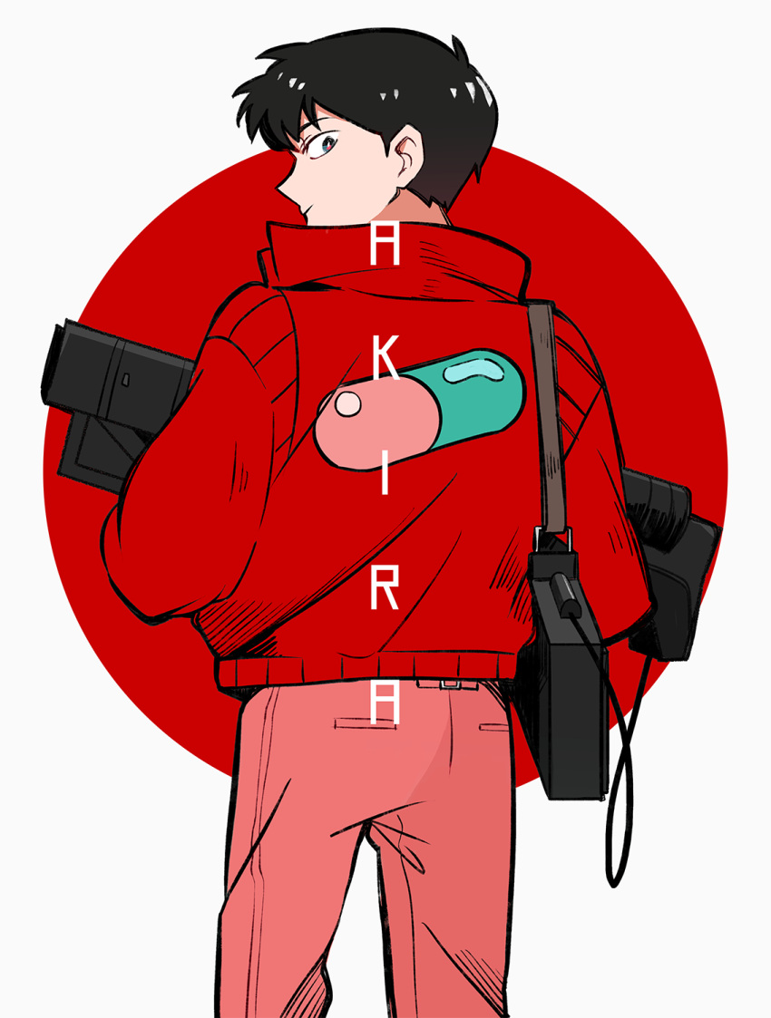 1boy, akira, back_turned, black_hair, gun, highres, jacket, kaneda_shoutarou