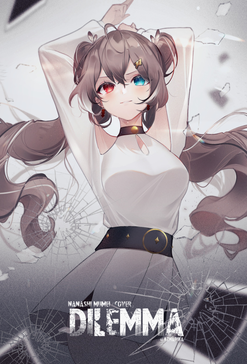 1girl, ahoge, arms_up, bangs, belt, broken_glass, brown_eyes, brown_hair, bullet_hole, character_name, clothing_cutout, cosplay, dilemma_(vocaloid), dress, earrings, feather_hair_ornament, feathers, finger_gun, furrowed_brow, glass, hair_ornament, hairclip, hatsune_miku, hatsune_miku_(cosplay), heterochromia, high-waist_skirt, highres, hololive, hololive_english, jewelry, long_hair, multicolored_hair, nanashi_mumei, nellku24, official_alternate_costume, photo_(object), pleated_skirt, shoulder_cutout, skirt, smile, song_name, streaked_hair, twintails, very_long_hair, virtual_youtuber, vocaloid, white_dress
