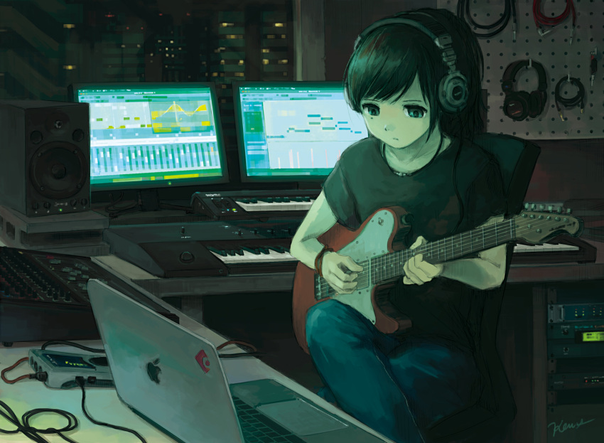 1girl, apple_inc., black_hair, commentary, computer, denim, electric_guitar, fender_telecaster