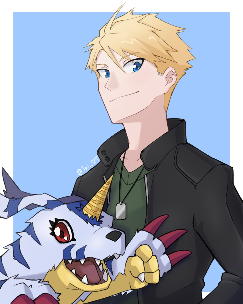 1boy, artist_name, black_jacket, black_sleeves, blonde_hair, blue_background, blue_eyes, border, closed_mouth, collarbone, digimon, digimon_(creature), digimon_adventure, dog_tags, english_commentary, furry, furry_male, gabumon, green_shirt, highres, horns, ishida_yamato, jacket, jaime_(jai_spt), long_sleeves, looking_at_viewer, male_focus, open_mouth, pointy_nose, red_eyes, shadow, sharp_teeth, shirt, short_hair, simple_background, single_horn, smile, solo, spiky_hair, teeth, upper_body, v-shaped_eyebrows, white_border