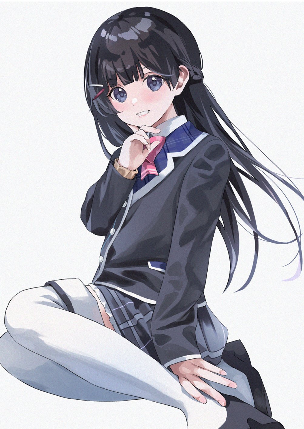 1girl, bangs, black_footwear, black_hair, black_jacket, blazer, blue_eyes, blush, bow, bowtie, box, braid, collared_shirt, french_braid, frilled_skirt, frills, full_body, hair_ornament, hairclip, hand_on_own_chin, highres, hinami_riku, jacket, loafers, long_hair, looking_at_viewer, nijisanji, pink_bow, plaid, plaid_skirt, school_uniform, shirt, shoes, skirt, smile, solo, thigh-highs, tsukino_mito, virtual_youtuber, white_shirt, white_thighhighs