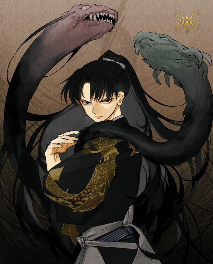 1boy, animal_print, bangs, black_hair, bow, brown_background, character_request, check_character