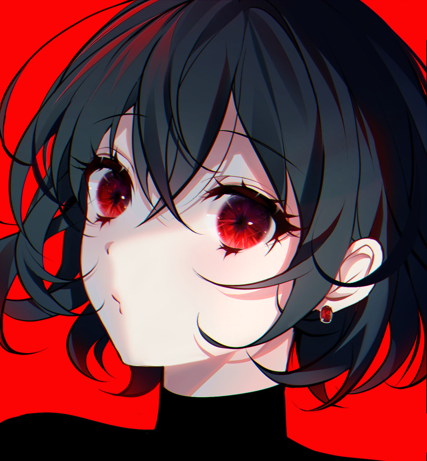 1girl, bangs, black_hair, chromatic_aberration, close-up, commentary, crossed_bangs, earrings, english_commentary, gem, hair_between_eyes, highres, jewelry, looking_at_viewer, moon_so_00, o3o, original, portrait, puckered_lips, red_background, red_eyes, red_gemstone, short_hair, simple_background, solo