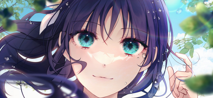 1girl, aqua_eyes, bangs, blurry, blurry_foreground, close-up, clouds, commentary