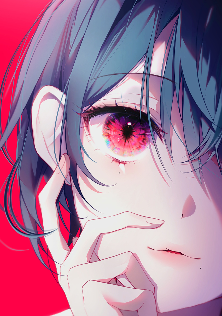 1girl, absurdres, bangs, blue_hair, close-up, commentary, english_commentary, hand_on_own_face
