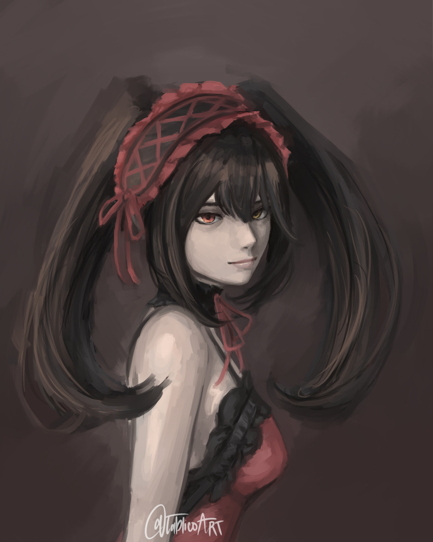 1girl, absurdres, bare_arms, black_choker, black_hair, breasts, brown_background, choker, closed_mouth, date_a_live, dress, from_side, gothic_lolita, hairband, highres, lolita_fashion, lolita_hairband, long_hair, medium_breasts, neck_ribbon, red_dress, red_eyes, red_ribbon, ribbon, sleeveless, sleeveless_dress, solo, spaghetti_strap, tablicoart, tokisaki_kurumi, twintails, twitter_username, upper_body, very_long_hair, yellow_eyes