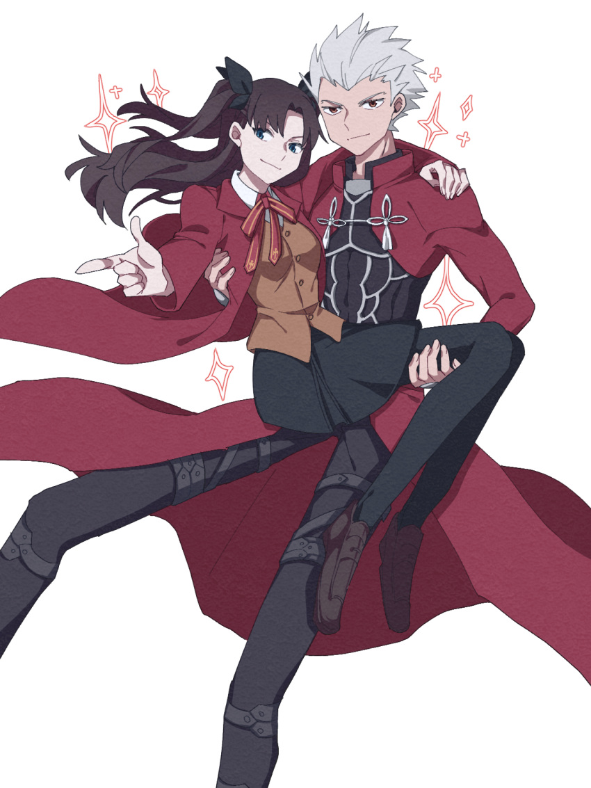 1boy, 1girl, archer_(fate), arm_around_neck, black_bow, black_pants, black_pantyhose, black_skirt