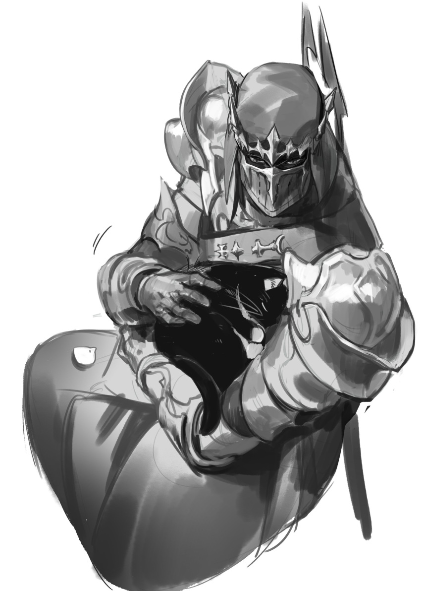 1other, absurdres, ambiguous_gender, animal_on_lap, armor, breastplate, cat, cat_on_lap