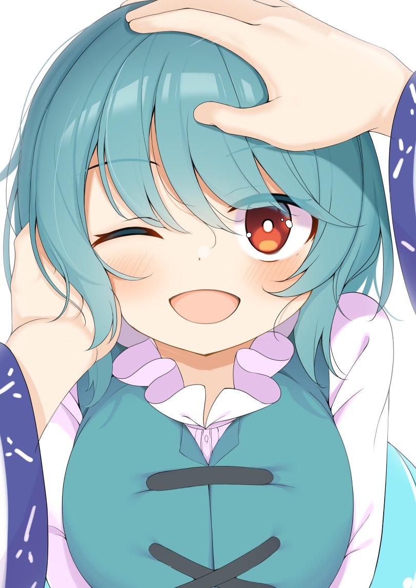 2girls, :d, ;d, bangs, blue_hair, breasts, bright_pupils, cross-laced_clothes