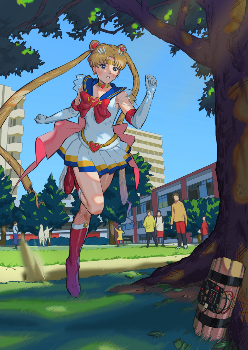 absurdres, bishoujo_senshi_sailor_moon, blonde_hair, blue_eyes, boots, full_body, gloves, highres, pxvxvx, red_footwear, running, skirt, solo, tree, tsukino_usagi, white_gloves