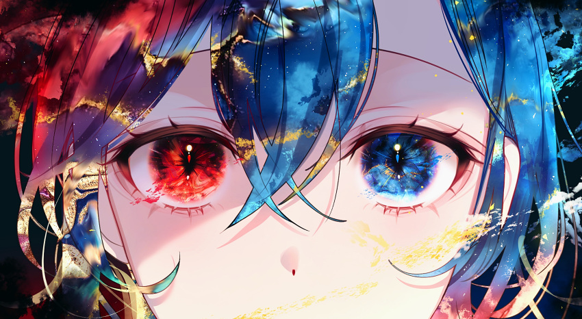 1girl, bangs, blue_eyes, blue_hair, close-up, clouds, colored_sclera, commentary