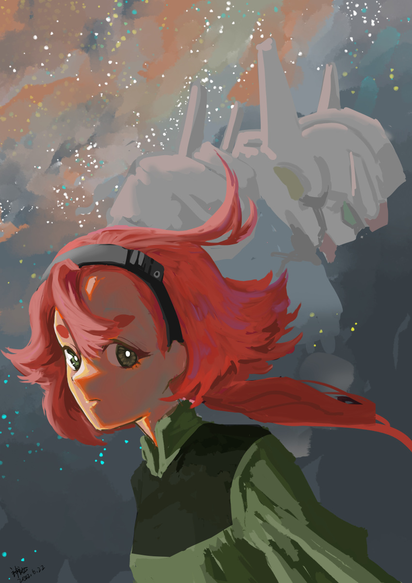 1girl, absurdres, ahoge, bananabeta, bangs, black_hairband, breasts, commentary, dark-skinned_female, dark_skin, dated, green_eyes, gundam, gundam_aerial, gundam_suisei_no_majo, hairband, highres, long_hair, looking_at_viewer, low_ponytail, mecha, mobile_suit, redhead, robot, signature, sky, small_breasts, space, star_(sky), starry_sky, suletta_mercury, upper_body, v-fin