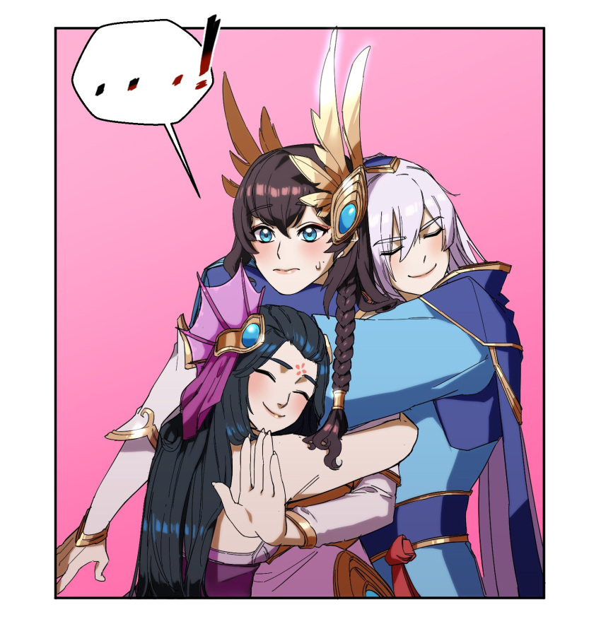 !, ..., ...!, 1boy, 2girls, bare_shoulders, black_border, black_hair